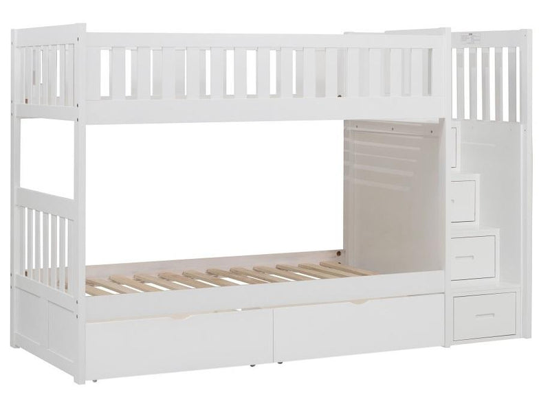 Homelegance Galen Bunk Bed w/ Reversible Step Storage and Storage Boxes in White B2053SBW-1*T