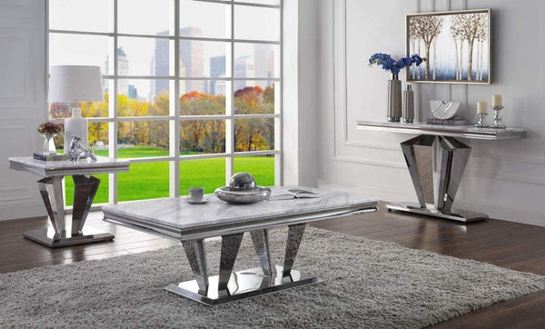 Satinka Light Gray Printed Faux Marble & Mirrored Silver Finish Table Set image