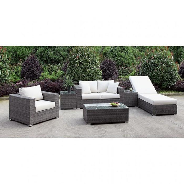 Somani Light Gray Wicker/Ivory Cushion Love Seat+chair+adj Chaise+2 End Tables+coffee Table image