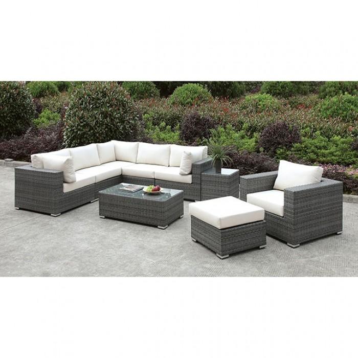 Somani Light Gray Wicker/Ivory Cushion L-Sectional + Chair + Ottoman + Coffee Table image